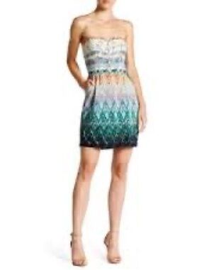 Charlie Jade Wms Silk Pleated Abstract Colorful Strapless Party Mini Dress M